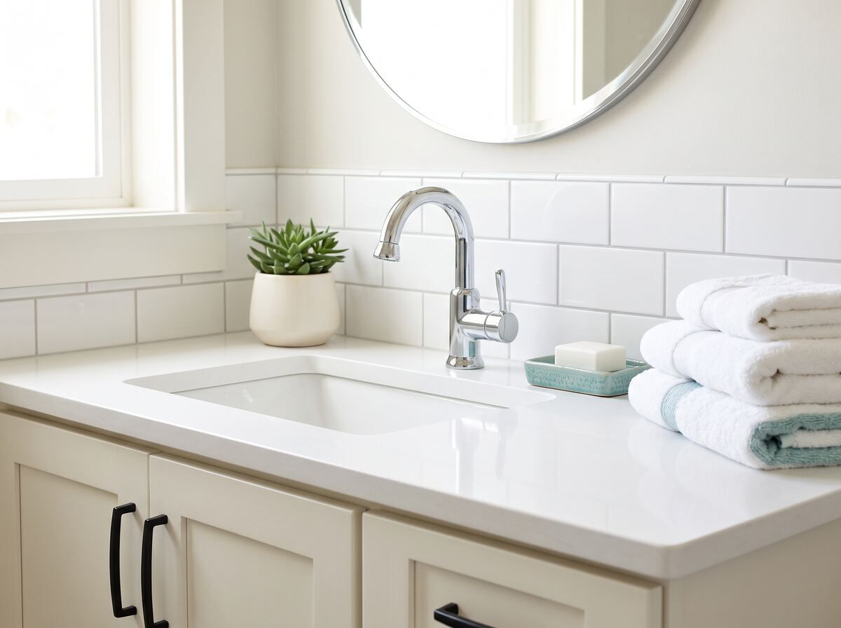 Clean bathroom sink with folded towels