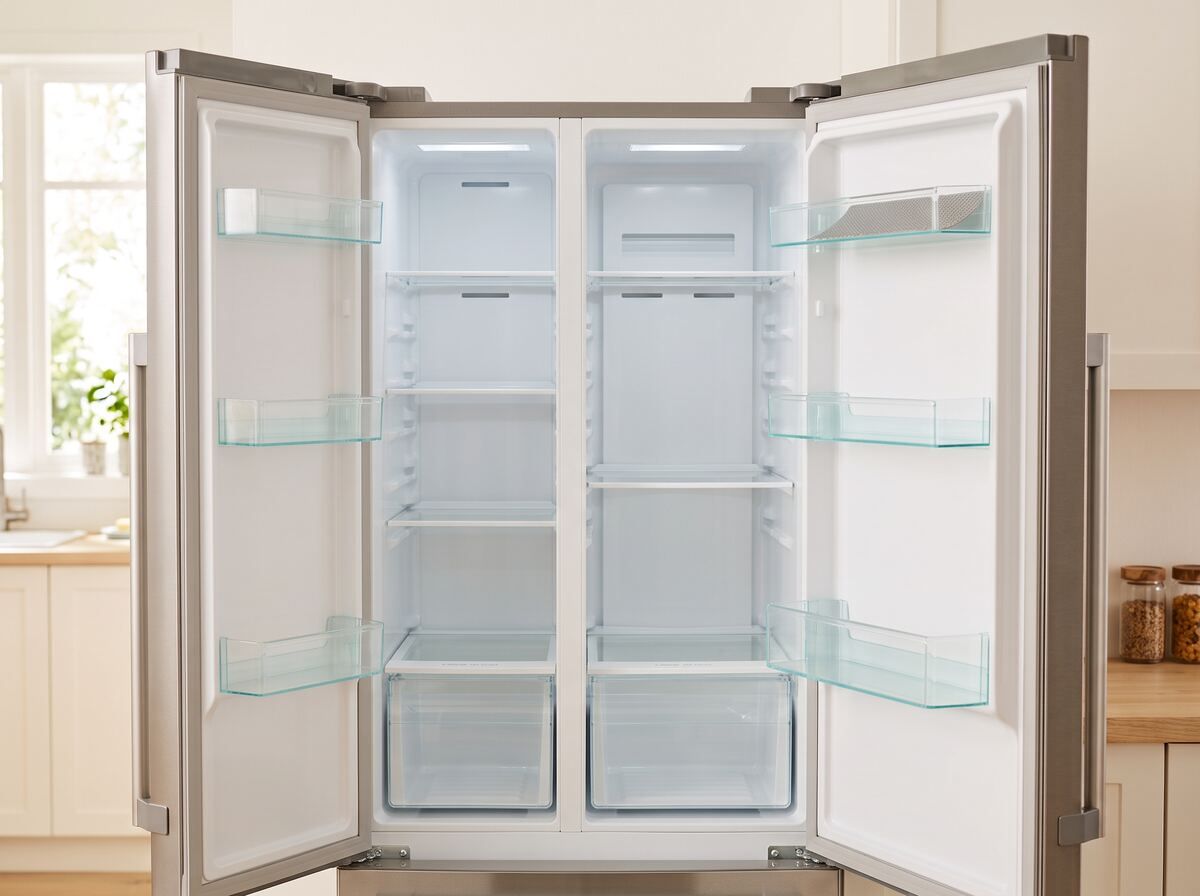 Open, empty refrigerator with clean shelves