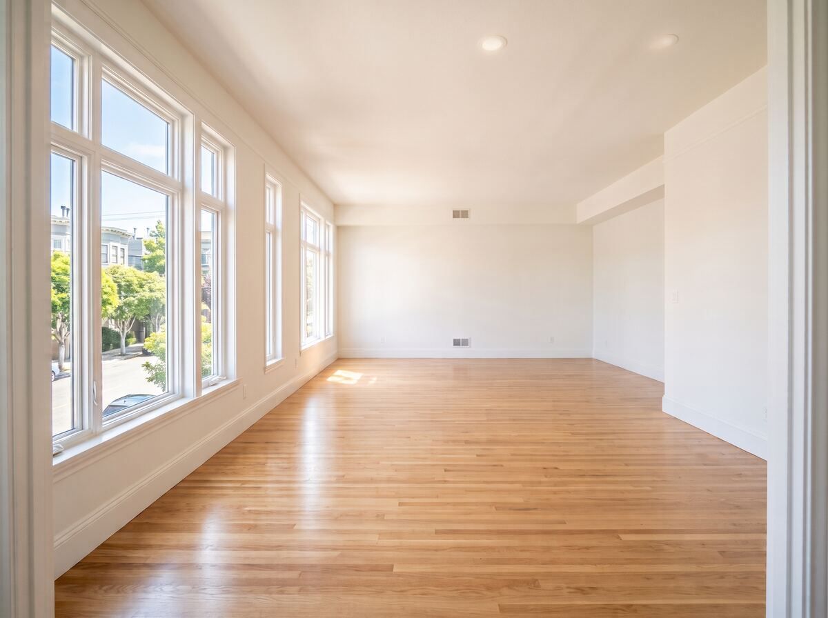 Empty room with wood floors and large windows