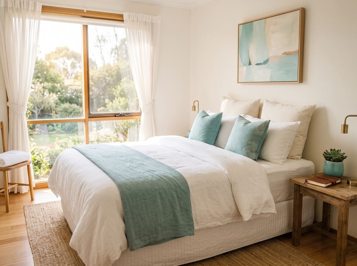 Neatly made bed in a sunny bedroom