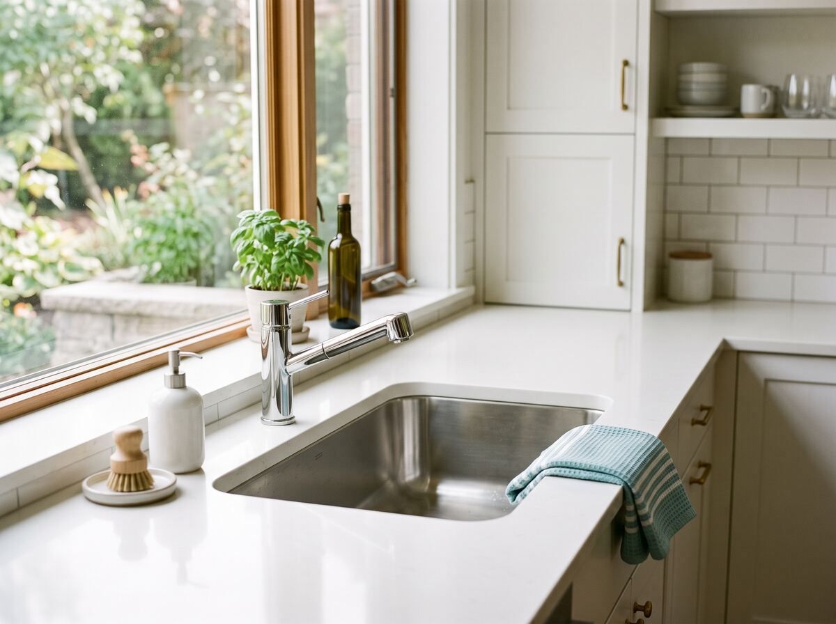 Clean kitchen sink and white countertop